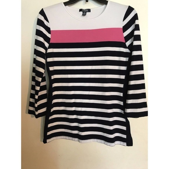 Chaps T shirt Striped 3/4 Sleeve Women's SzM Blue/White Pink Pre-Owned - Picture 2 of 6